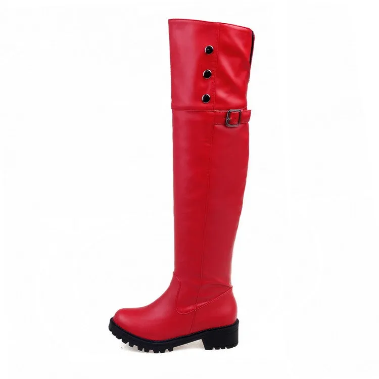 Women's Buckle Middle Heel Knee High Boots