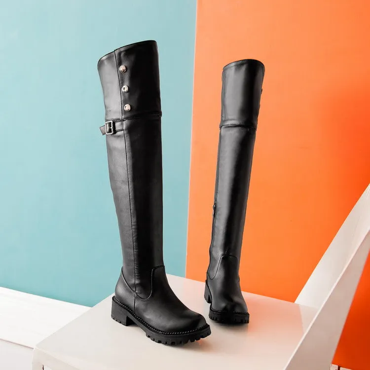 Women's Buckle Middle Heel Knee High Boots