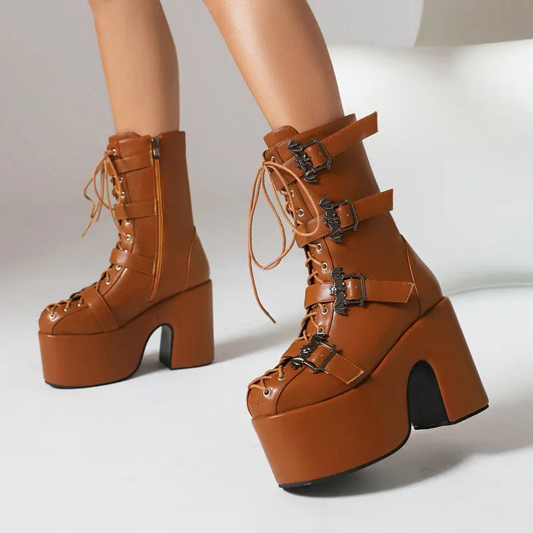 Women's Buckle Straps Lace-Up Chunky Heel Platform Mid Calf Boots