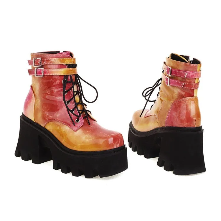 Women's Colorful Square Toe Lace Up Buckle Straps Side Zippers Block Chunky Heel Platform Short Boots