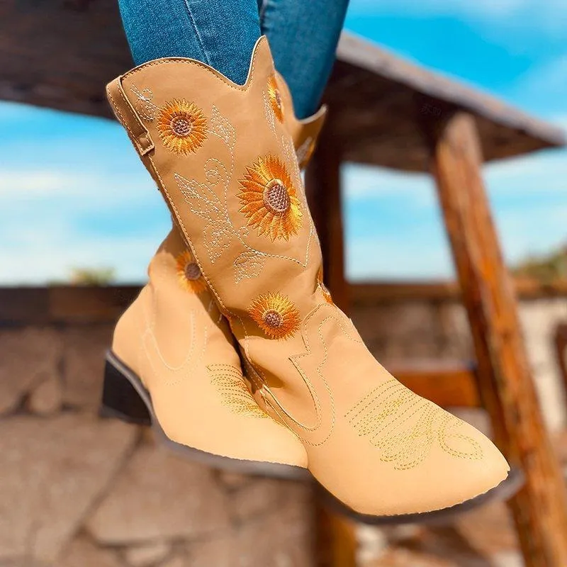 Women's ethnic floral embroidered cowboy boots mid calf pointed toe western boots