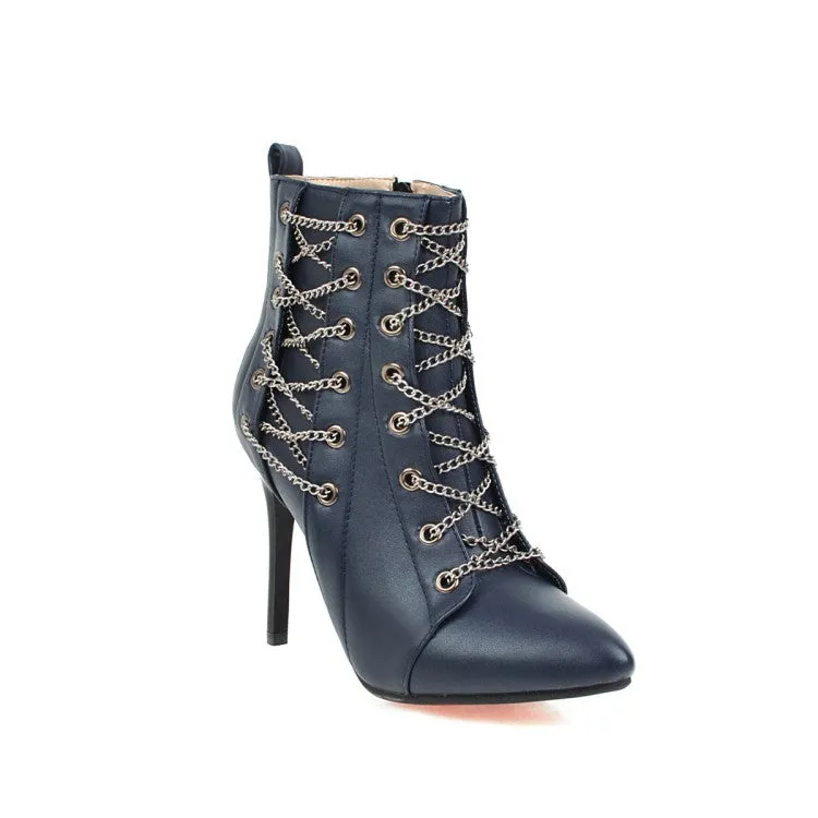 Women's Pointed Toe Chain High Heel Short Boots