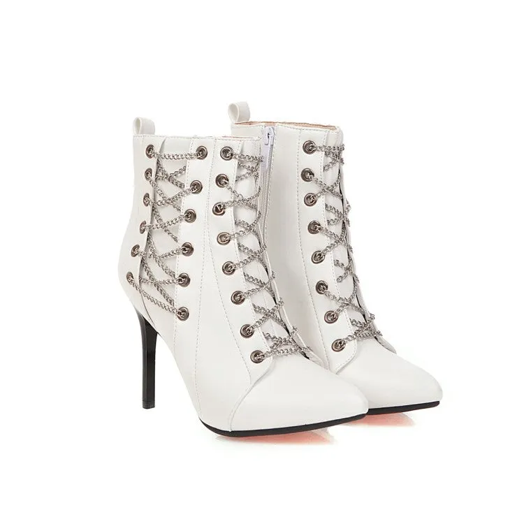 Women's Pointed Toe Chain High Heel Short Boots