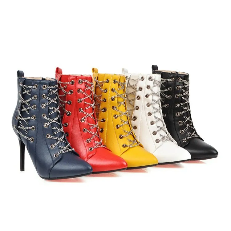 Women's Pointed Toe Chain High Heel Short Boots