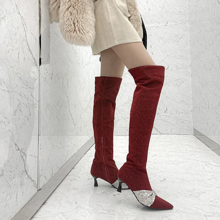 Women's Pointed Toe Glitter Bowtie Stiletto Heel Over-the-Knee Boots