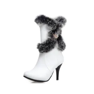 Women's Rabbit Fur High Heel Short Boots