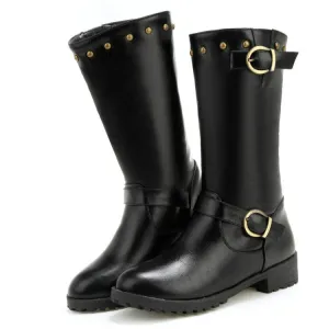 Women's Rivets Buckle Belt Mid Calf Boots