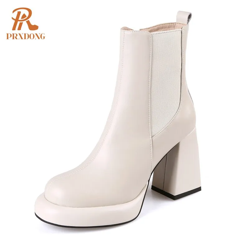 Women's Shoes Genuine Cow Leather Square Toe Black Beige Chunky High Heels Dress Office Working Ankle Boots Shoes