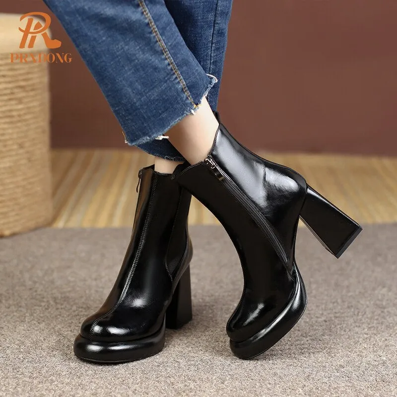 Women's Shoes Genuine Cow Leather Square Toe Black Beige Chunky High Heels Dress Office Working Ankle Boots Shoes