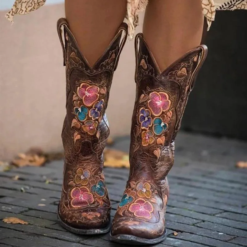 Women's vintage flower embroidery cowboy boots pointed toe mid calf cowgirl boots