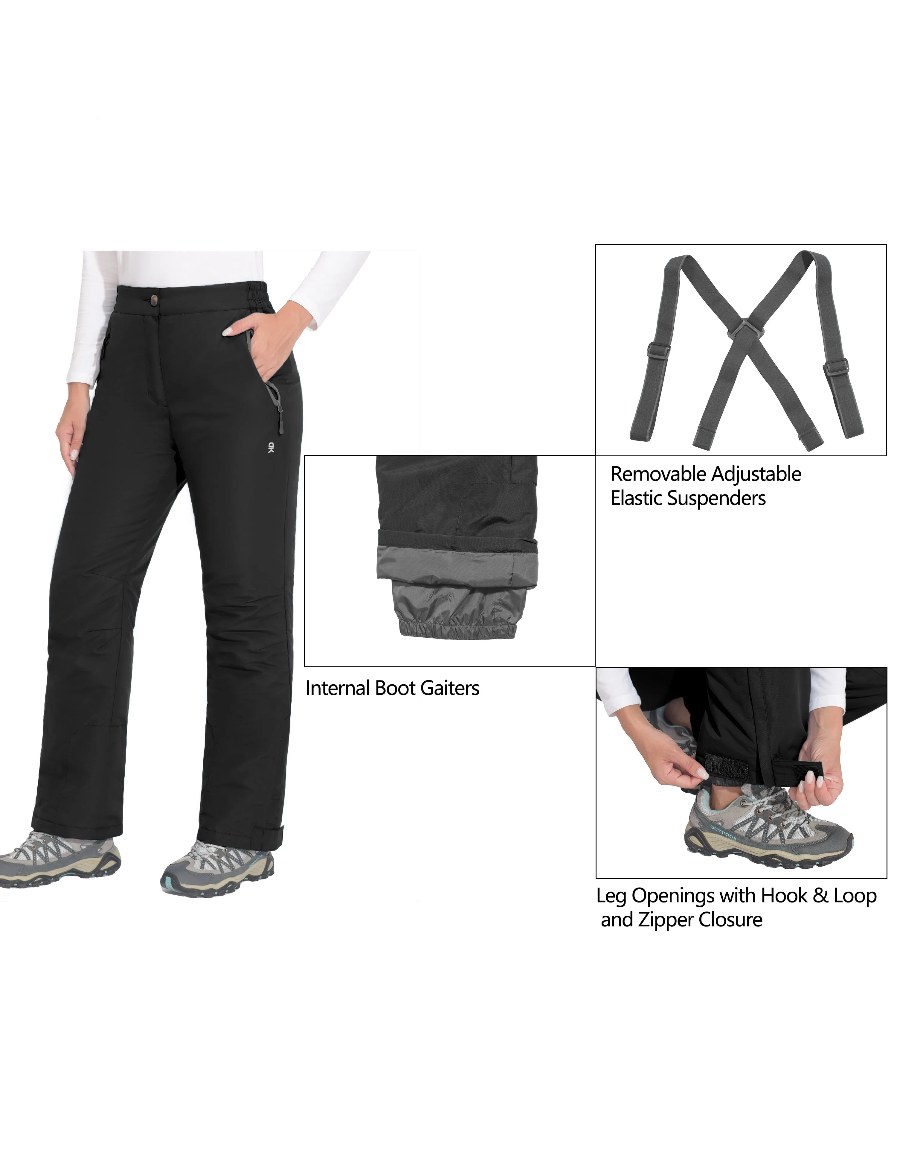 Women's Water Resistant Ski Bibs Insulated Snow Pants with Detachable Suspenders